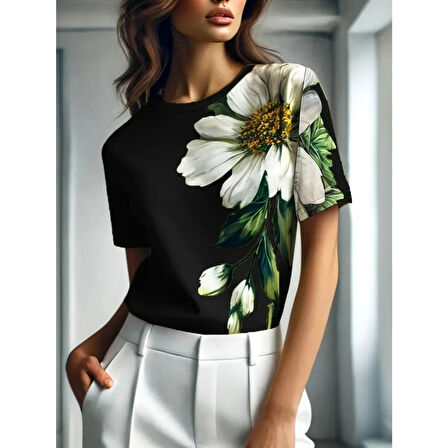 Lucky Life Kadın Kısa Kollu Bisiklet Yaka çiçek Baskılı Süprem Bluz