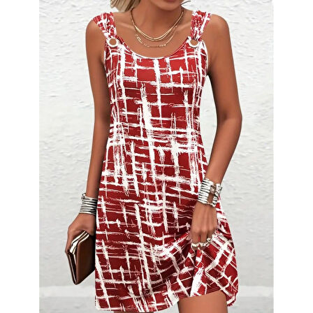 Lucky Life Kadın Askılı Kuş Gözü Detaylı Desenli Süprem Elbise