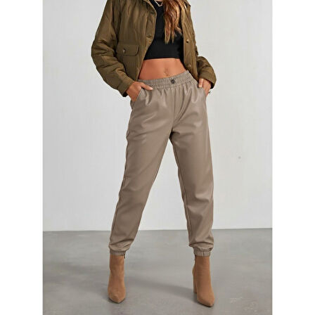 Lucky Life Kadın Yüksek Bel Lastikli önü Düğmeli Deri Pantolon