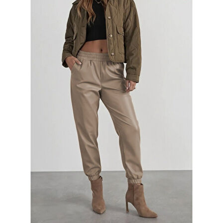 Lucky Life Kadın Yüksek Bel Lastikli önü Düğmeli Deri Pantolon