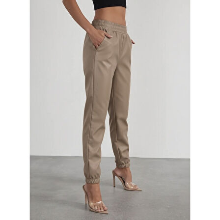 Lucky Life Kadın Yüksek Bel Lastikli önü Düğmeli Deri Pantolon