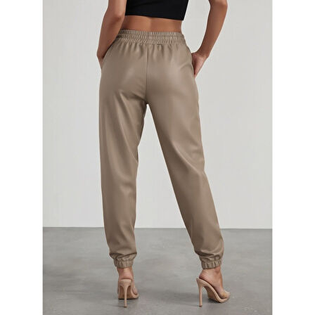 Lucky Life Kadın Yüksek Bel Lastikli önü Düğmeli Deri Pantolon