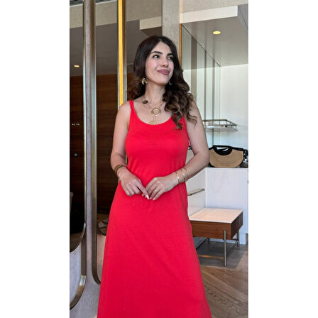 Lucky Life Kadın Askılı Yuvarlak Yakalı Viskon Elbise