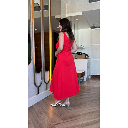 Lucky Life Kadın Askılı Yuvarlak Yakalı Viskon Elbise