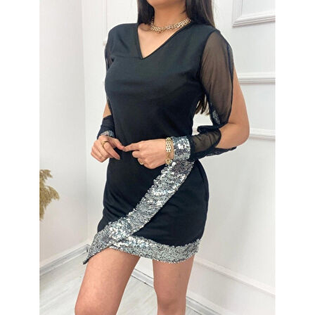 Lucky Life Kadın Uzun Kollu V Yakalı Pulpayetli Ithal Krep Mini Elbise