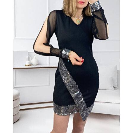 Lucky Life Kadın Uzun Kollu V Yakalı Pulpayetli Ithal Krep Mini Elbise