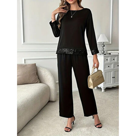 Lucky Life Kadın Uzun Kollu Bisiklet Yaka Pulpayetli Viskon Iki Iplik Bluz Ve Pantolon Ikili Takım