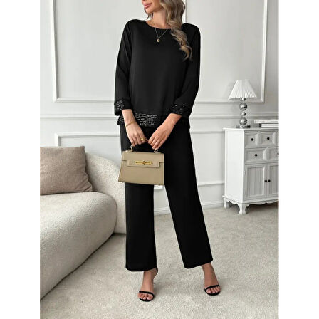 Lucky Life Kadın Uzun Kollu Bisiklet Yaka Pulpayetli Viskon Iki Iplik Bluz Ve Pantolon Ikili Takım