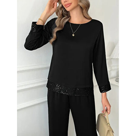 Lucky Life Kadın Uzun Kollu Bisiklet Yaka Pulpayetli Viskon Iki Iplik Bluz Ve Pantolon Ikili Takım