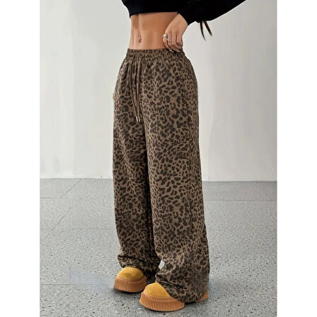 Lucky Life Kadın Yüksek Bel Lastikli Bağcıklı Geniş Kesim Iki Iplik Pantolon