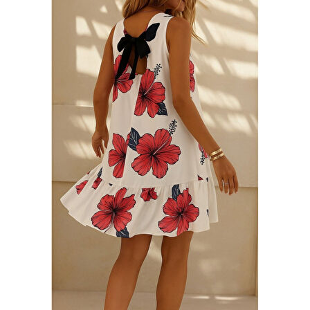 Lucky Life Kadın Sıfır Kol Sırttan Bağlamalı Fırfırlı çiçek Desenli Süprem Elbise