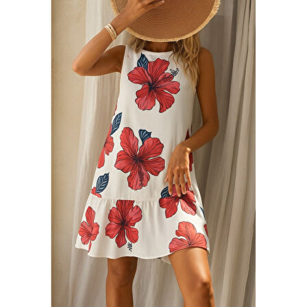 Lucky Life Kadın Sıfır Kol Sırttan Bağlamalı Fırfırlı çiçek Desenli Süprem Elbise