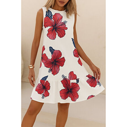 Lucky Life Kadın Sıfır Kol Sırttan Bağlamalı Fırfırlı çiçek Desenli Süprem Elbise