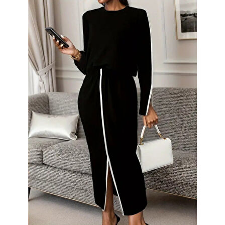 Lucky Life Kadın Uzun Kollu Bisiklet Yaka Kaşkorse Bluz Ve Yırtmaçlı Etek Ikili Takım