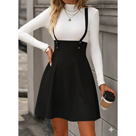 Lucky Life Kadın Askılı Düğmeli Mini Süet Elbise