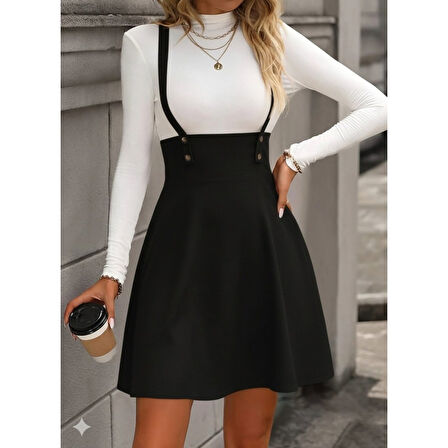 Lucky Life Kadın Askılı Düğmeli Mini Süet Elbise