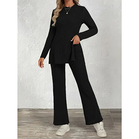 Lucky Life Kadın Uzun Kollu Bisiklet Yaka Yandan Yırtmaçlı şardonlu Kaşkorse Bluz Ve Pantolon Ikili Takım