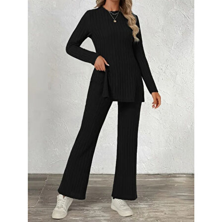 Lucky Life Kadın Uzun Kollu Bisiklet Yaka Yandan Yırtmaçlı şardonlu Kaşkorse Bluz Ve Pantolon Ikili Takım