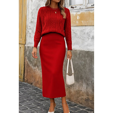 Lucky Life Kadın Uzun Kollu Balıkçı Yaka Bluz Ve Etek Ikili Triko Takım