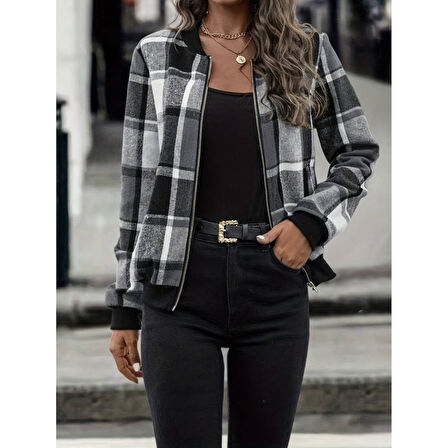 Lucky Life Kadın Uzun Kollu önden Fermuarlı Ekose Desenli Ceket