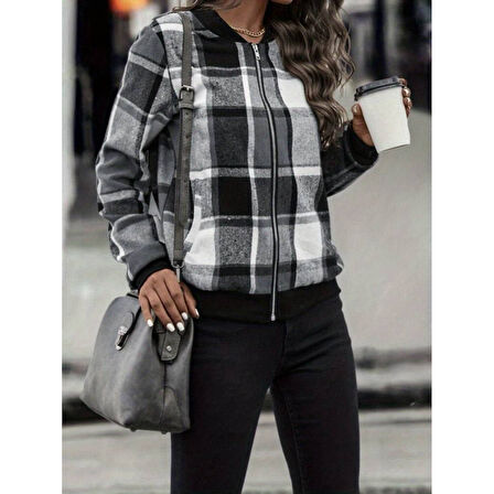 Lucky Life Kadın Uzun Kollu önden Fermuarlı Ekose Desenli Ceket