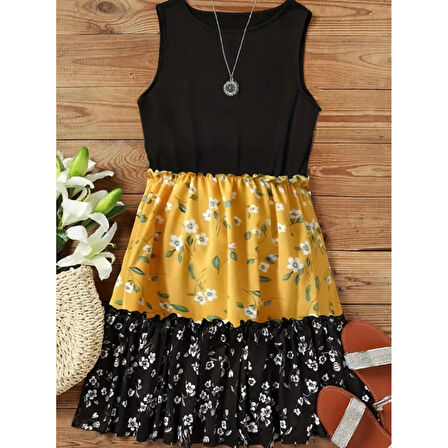 Lucky Life Kadın Askılı Yuvarlak Yaka çiçek Baskılı Salaş Süprem Elbise