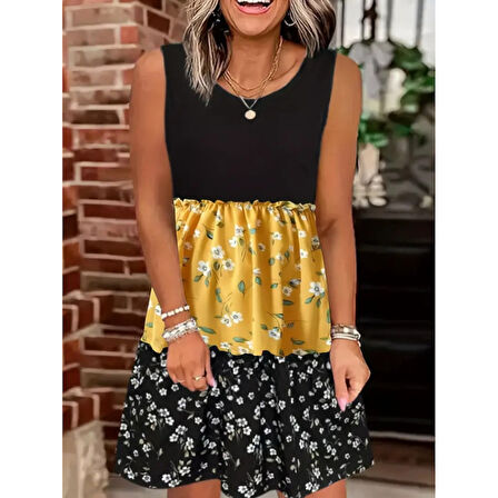 Lucky Life Kadın Askılı Yuvarlak Yaka çiçek Baskılı Salaş Süprem Elbise