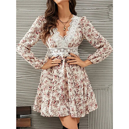 Lucky Life Lucky Life Kadın Uzun Kollu Dantel V Yakalı Mini Desenli Süprem Elbise