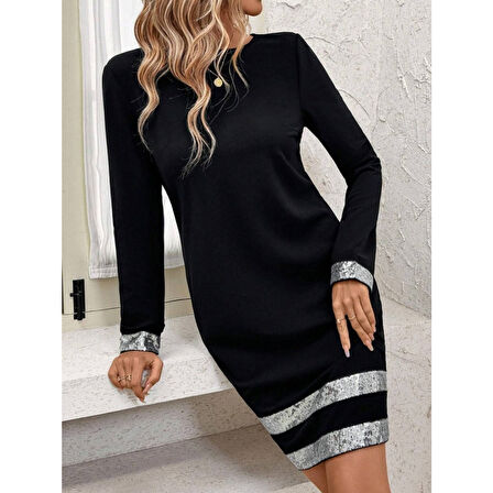 Lucky Life Kadın Uzun Kollu Bisiklet Yaka Mini Ithal Krep Elbise