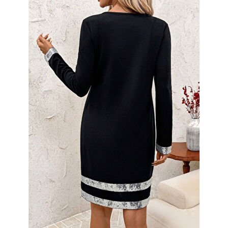 Lucky Life Kadın Uzun Kollu Bisiklet Yaka Mini Ithal Krep Elbise