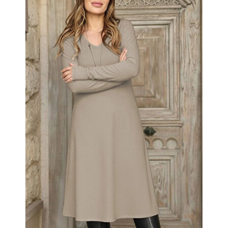 Lucky Life Kadın Uzun Kollu V Yakalı Salaş Midi Akrilik Elbise