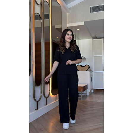 Lucky Life Kadın Kısa Kollu Yakalı Viskon Iki Iplik Bluz Ve Pantolon Ikili Takım