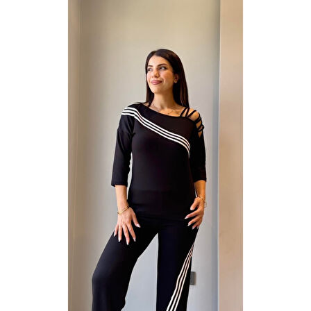 Lucky Life Kadın Uzun Kollu Truvakar Kol Tek Omuz çapraz şerit Detaylı Ribanalı Viskon Iki Iplik Bluz Ve Pantolon Ikili Takım