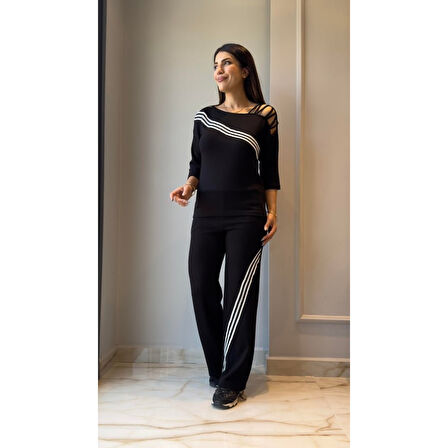 Lucky Life Kadın Uzun Kollu Truvakar Kol Tek Omuz çapraz şerit Detaylı Ribanalı Viskon Iki Iplik Bluz Ve Pantolon Ikili Takım