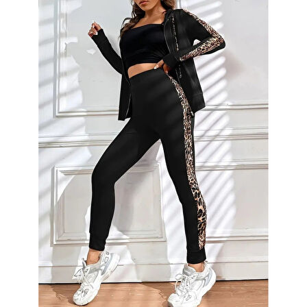 Lucky Life Kadın Uzun Kollu Kapşonlu Fermuarlı Bağcıklı Viskon Iki Iplik Bluz Ve Pantolon Tayt