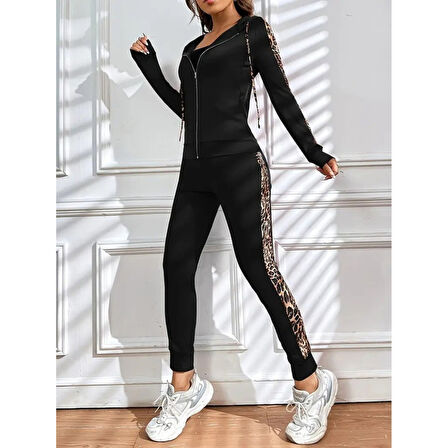 Lucky Life Kadın Uzun Kollu Kapşonlu Fermuarlı Bağcıklı Viskon Iki Iplik Bluz Ve Pantolon Tayt