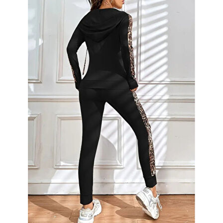 Lucky Life Kadın Uzun Kollu Kapşonlu Fermuarlı Bağcıklı Viskon Iki Iplik Bluz Ve Pantolon Tayt