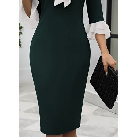 Lucky Life Kadın Truvakar Kollu Fiyonk Yakalı Midi Ithal Krep Elbise