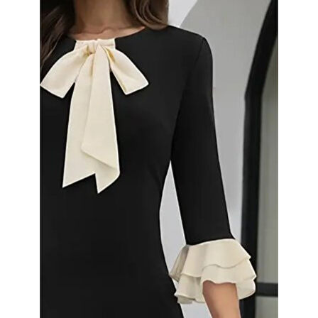 Lucky Life Kadın Truvakar Kollu Fiyonk Yakalı Midi Ithal Krep Elbise