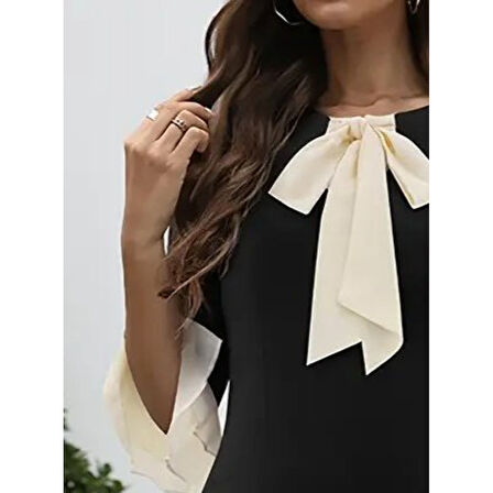 Lucky Life Kadın Truvakar Kollu Fiyonk Yakalı Midi Ithal Krep Elbise