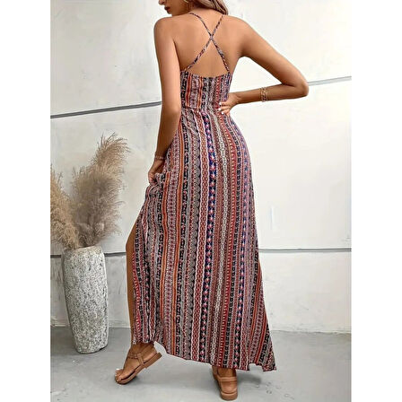 Lucky Life Kadın Ip Askılı Sırttan çapraz Detaylı Yırtmaçlı Desenli Süprem Elbise