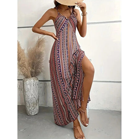 Lucky Life Kadın Ip Askılı Sırttan çapraz Detaylı Yırtmaçlı Desenli Süprem Elbise