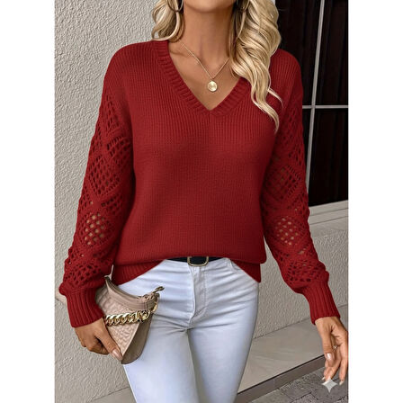 Lucky Life Kadın Uzun Kollu V Yaka Kol Delikli Baklava Desen Detaylı Triko Kazak