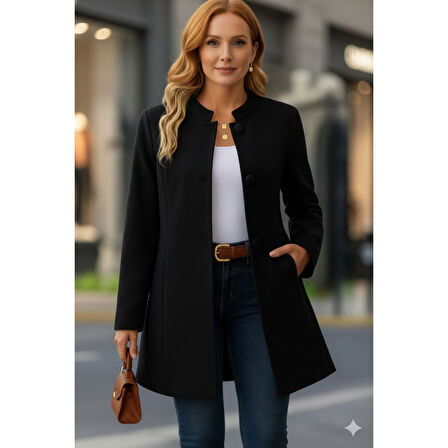 Lucky Life Kadın Uzun Kollu Yakalı önü Düğmeli Ithal Kaşe Astarlı Kaban