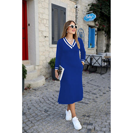 Lucky Life Kadın Uzun Kollu V Yakalı Yandan Yırtmaçlı Iki Iplik Midi Elbise