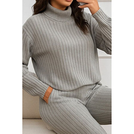 Lucky Life Lucky Life Kadın Uzun Kollu Balıkçı Yaka şardonlu Bluz Ve Pantolon Ikili Takım