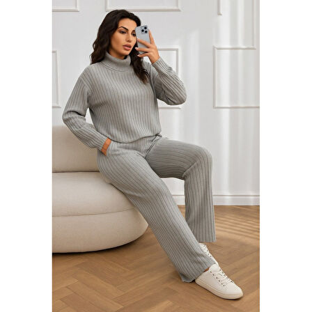 Lucky Life Lucky Life Kadın Uzun Kollu Balıkçı Yaka şardonlu Bluz Ve Pantolon Ikili Takım