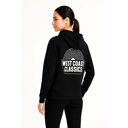 Lucky Life Üç İplik Kapüşonlu Ön Ve Arka Baskılı SweatShirt Hoodie - Siyah