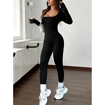 Lucky Life Kadın  Uzun Kollu Kare Yakalı Fermuarlı Parmaktan Geçmeli Dalgıç Tulum