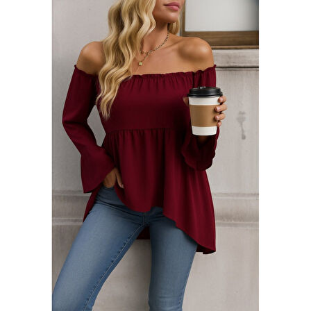 Lucky Life Kadın Uzun Kollu Madonna Yaka Asimetrik Detaylı Kolları Ispanyol Viskon Bluz